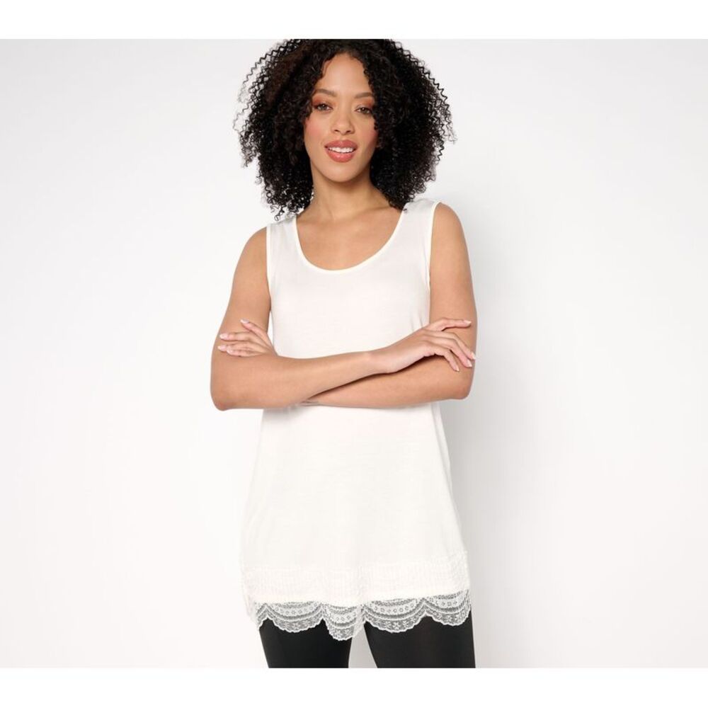 SUNNYLiFE Women's Top Plus Sz 2X Knit Tank Lace Trim White A707950